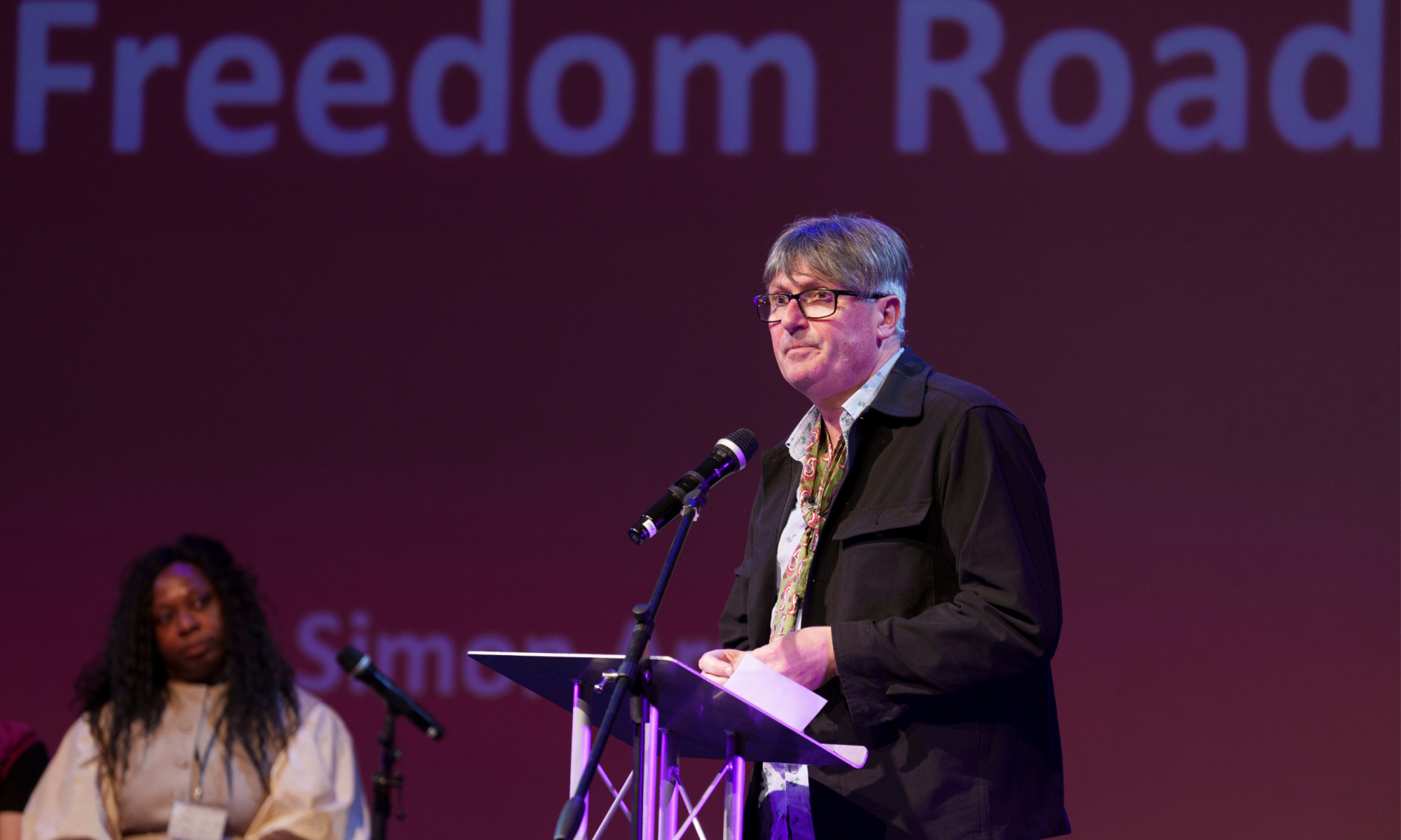 Poet Laureate, Simon Armitage, delivers the first reading of his original poem, ‘Freedom Road’, at the ‘Our Freedom: Then and Now’ launch event, led by Future Arts Centres, at Contact Theatre in Manchester.