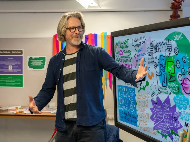 A person speaking animatedly in front of a presentation board with bright, colourful notes on it.